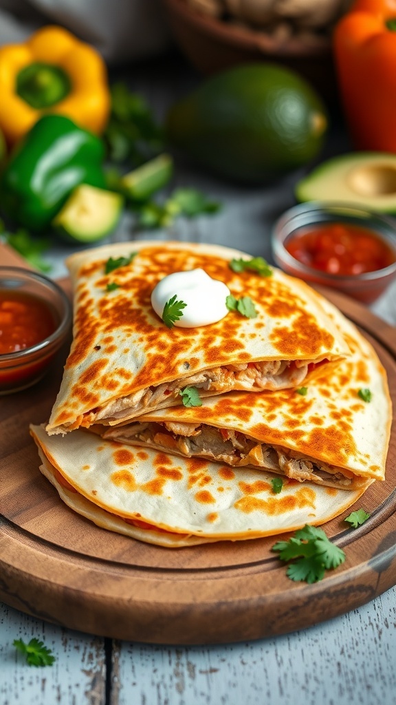 Cheesy Chicken Quesadilla on Griddle Cheesy chicken quesadilla wedges on a wooden board with salsa and sour cream.